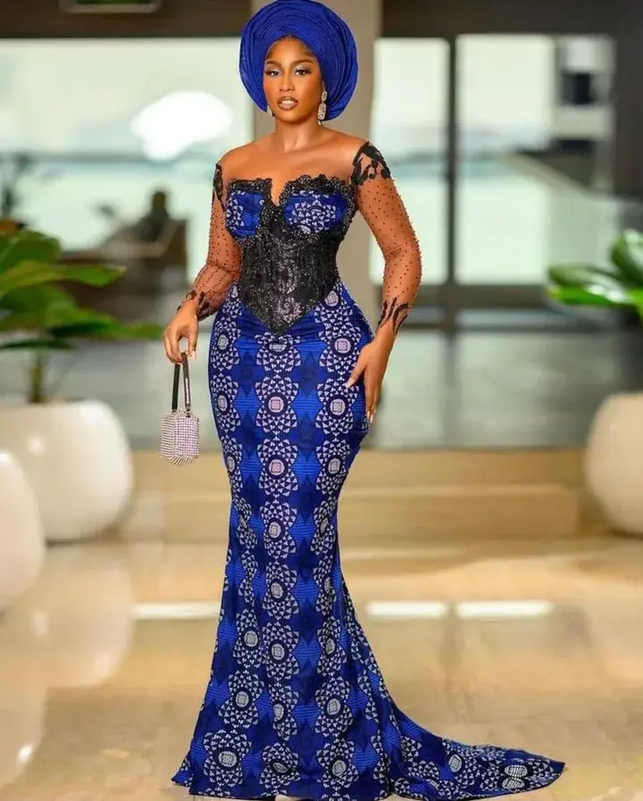 Cobalt Ankara gown with lace panels
